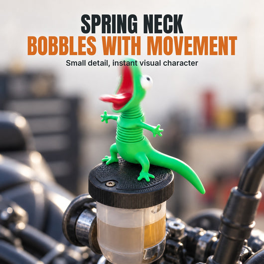 Motorcycle Brake Reservoir Cap Lizard Topper - Bobbling Spring-Neck Novelty Figure — Spring Neck Bobbles With Movement
